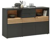 Modernes Sideboard in dunklem Grau mit Holzakzenten, zwei offenen Fächern und Schubladen, frontal betrachtet.