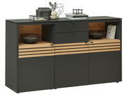 Modernes Sideboard in dunklem Grau mit Holzakzenten, zwei offenen Fächern und Schubladen, frontal betrachtet.