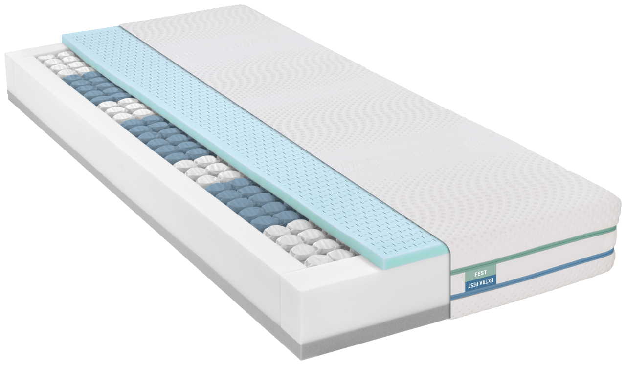 irisette Wendematratze 2FOR4 Querschnitt einer Matratze 120x200 cm mit verschiedenen Schichten, darunter Taschenfederkern und Schaumstoff, aus seitlicher Perspektive
