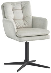 Moderner Armlehnstuhl INGO in hellgrauem Stoffbezug mit schwarzem Drehfuß, seitliche Perspektive