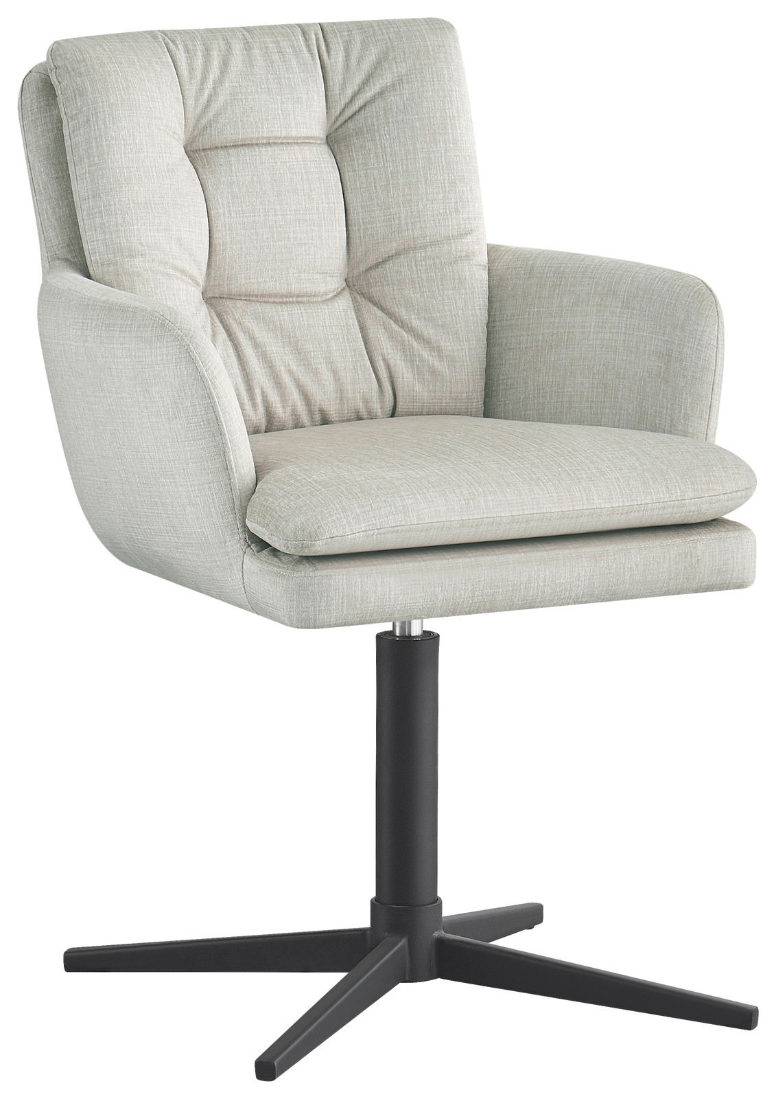 Moderner Armlehnstuhl INGO in hellgrauem Stoffbezug mit schwarzem Drehfuß, seitliche Perspektive