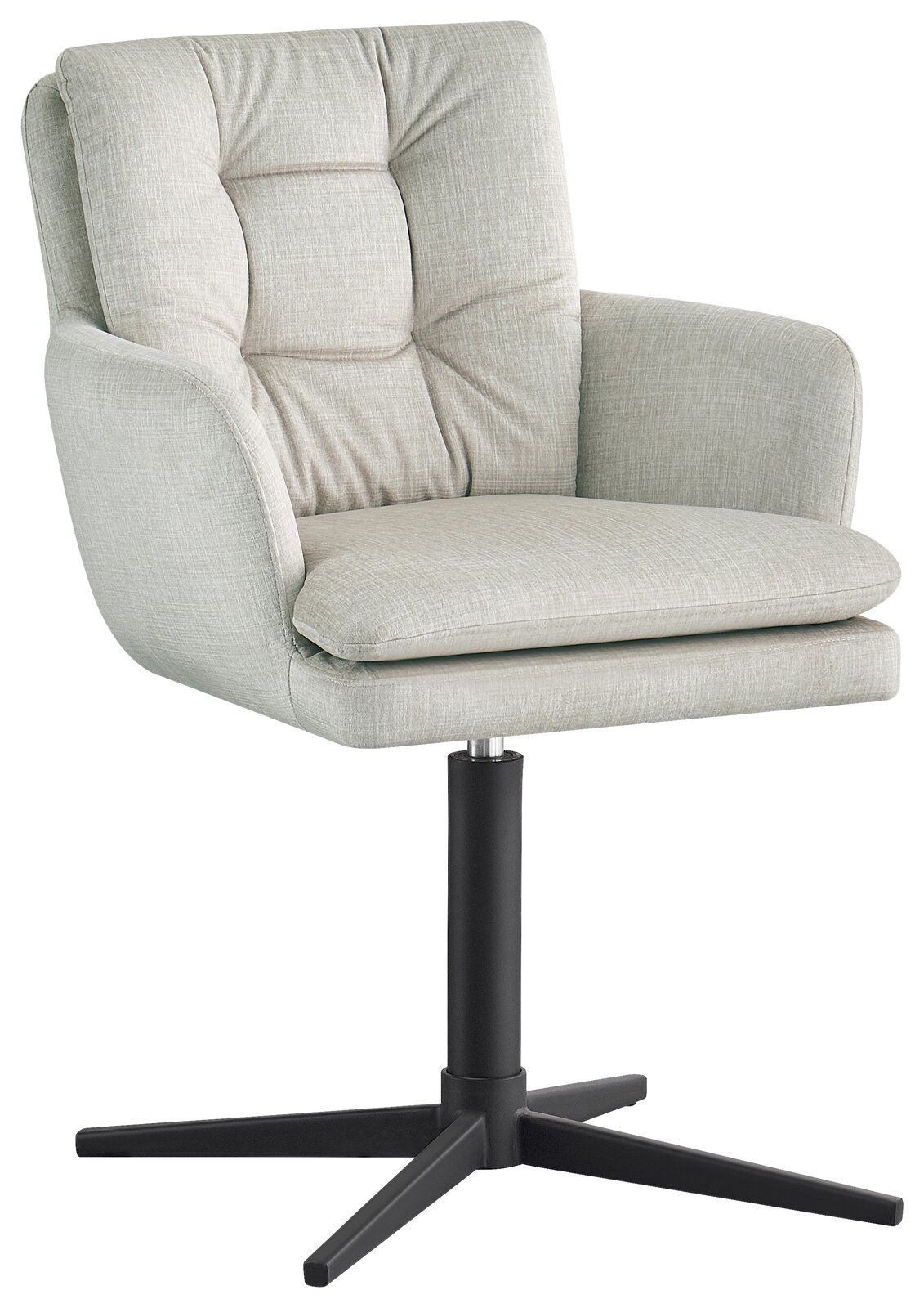 Novel Armlehnstuhl INGO Moderner Armlehnstuhl INGO in hellgrauem Stoffbezug mit schwarzem Drehfuß, seitliche Perspektive