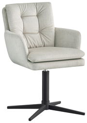 Moderner Armlehnstuhl INGO in hellgrauem Stoffbezug mit schwarzem Drehfuß, seitliche Perspektive