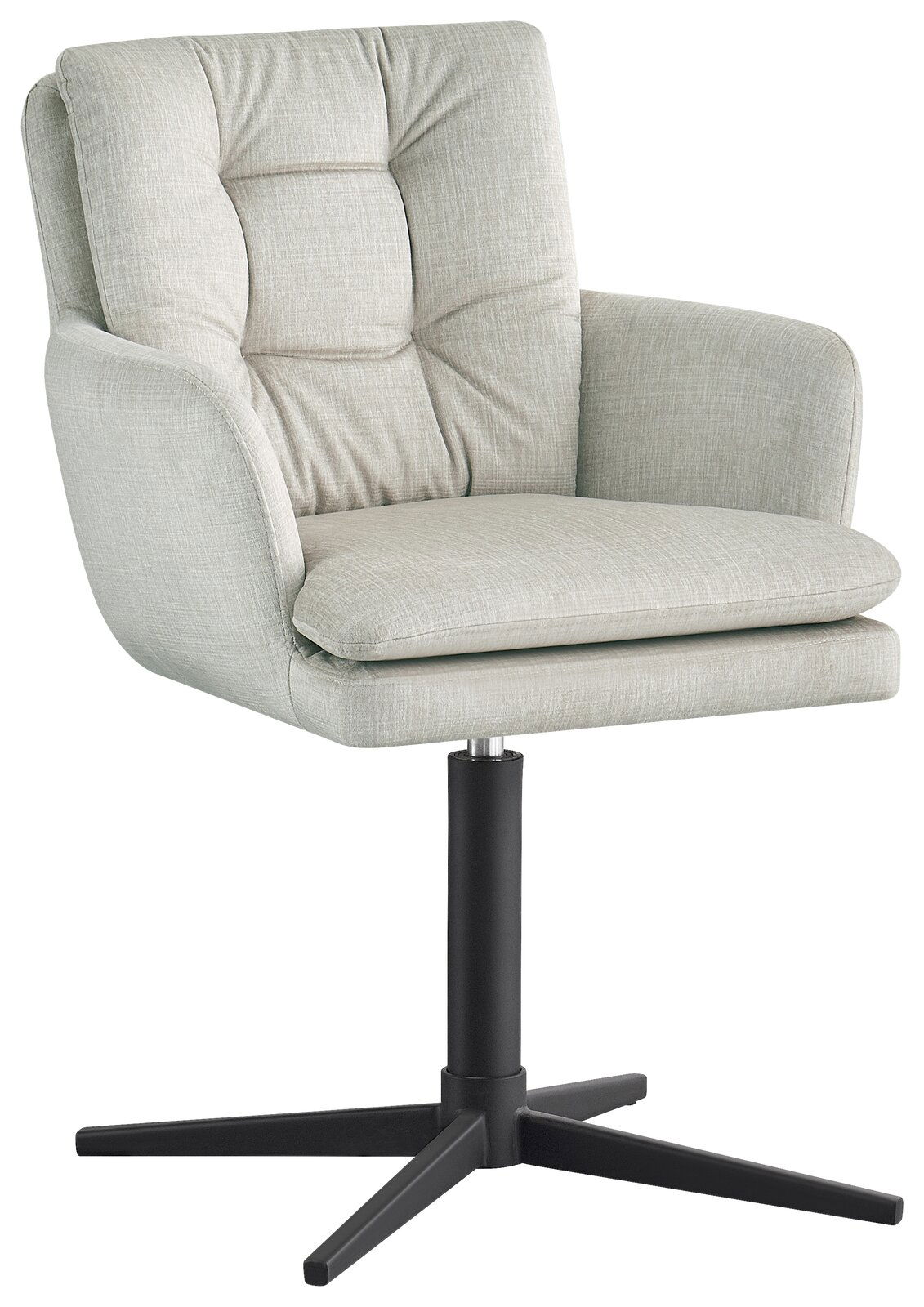 Moderner Armlehnstuhl INGO in hellgrauem Stoffbezug mit schwarzem Drehfuß, seitliche Perspektive