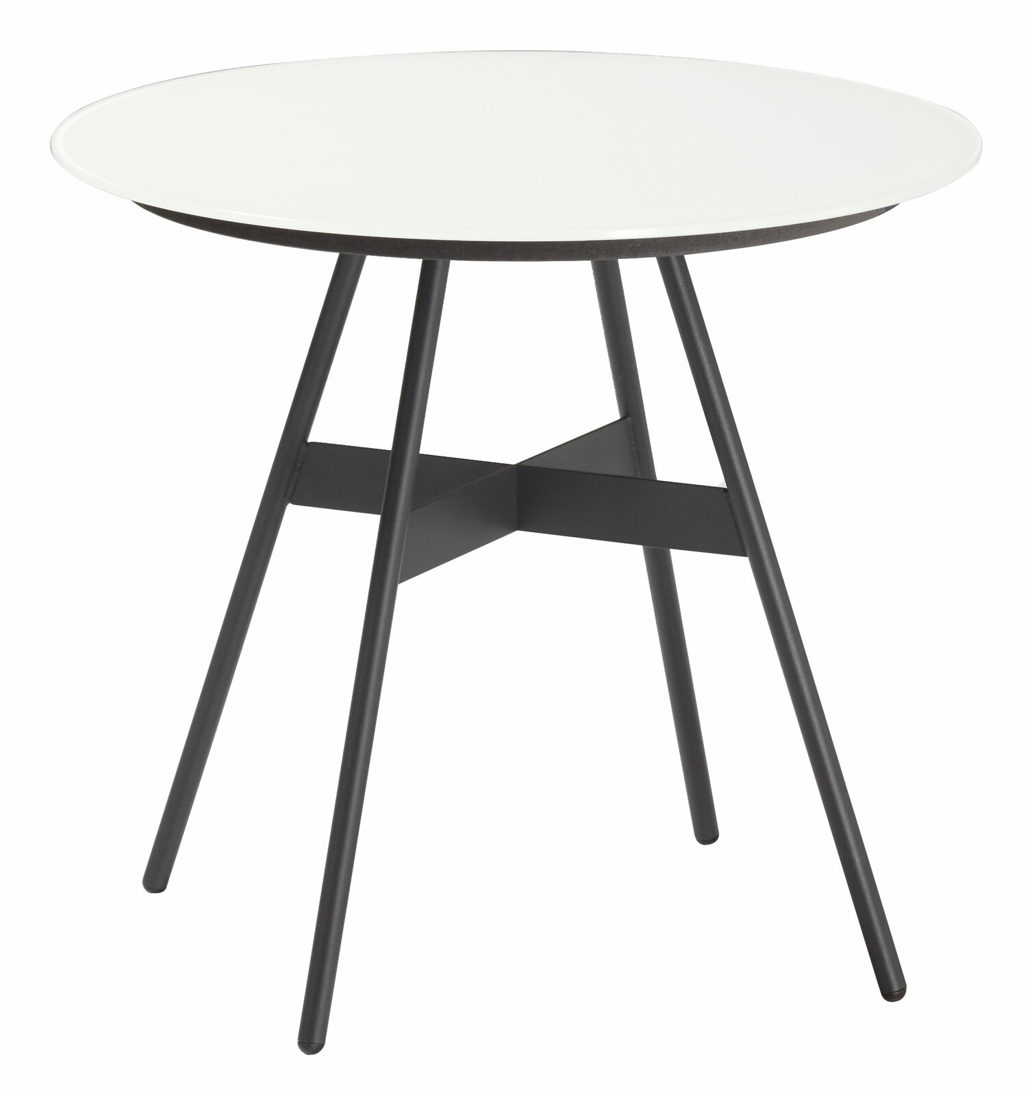 Runder Beistelltisch mit weißer Tischplatte und schwarzen Metallbeinen, seitliche Perspektive