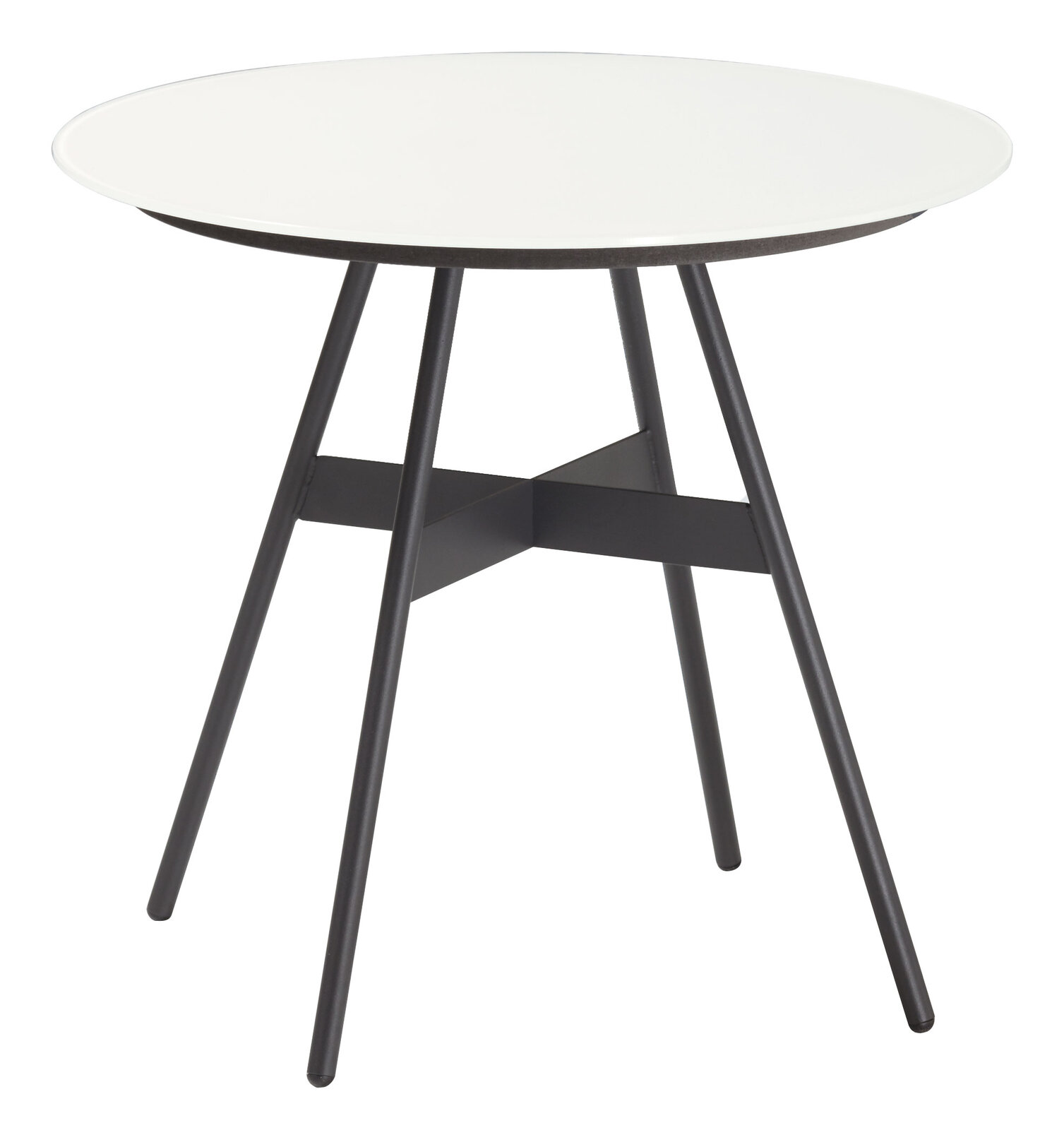 Runder Beistelltisch mit weißer Tischplatte und schwarzen Metallbeinen, seitliche Perspektive