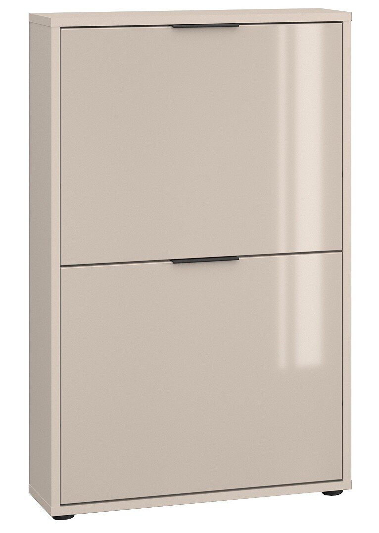 Beiger, hochglänzender Schuhschrank mit zwei Klappen und Griffleisten, freistehend, in leichter Frontansicht (leicht seitlich) vor weißem Hintergrund