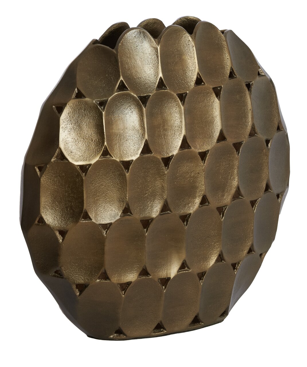 Nahaufnahme einer goldenen Vase mit ovalen, strukturierten Mustern auf der Oberfläche, seitliche Perspektive.