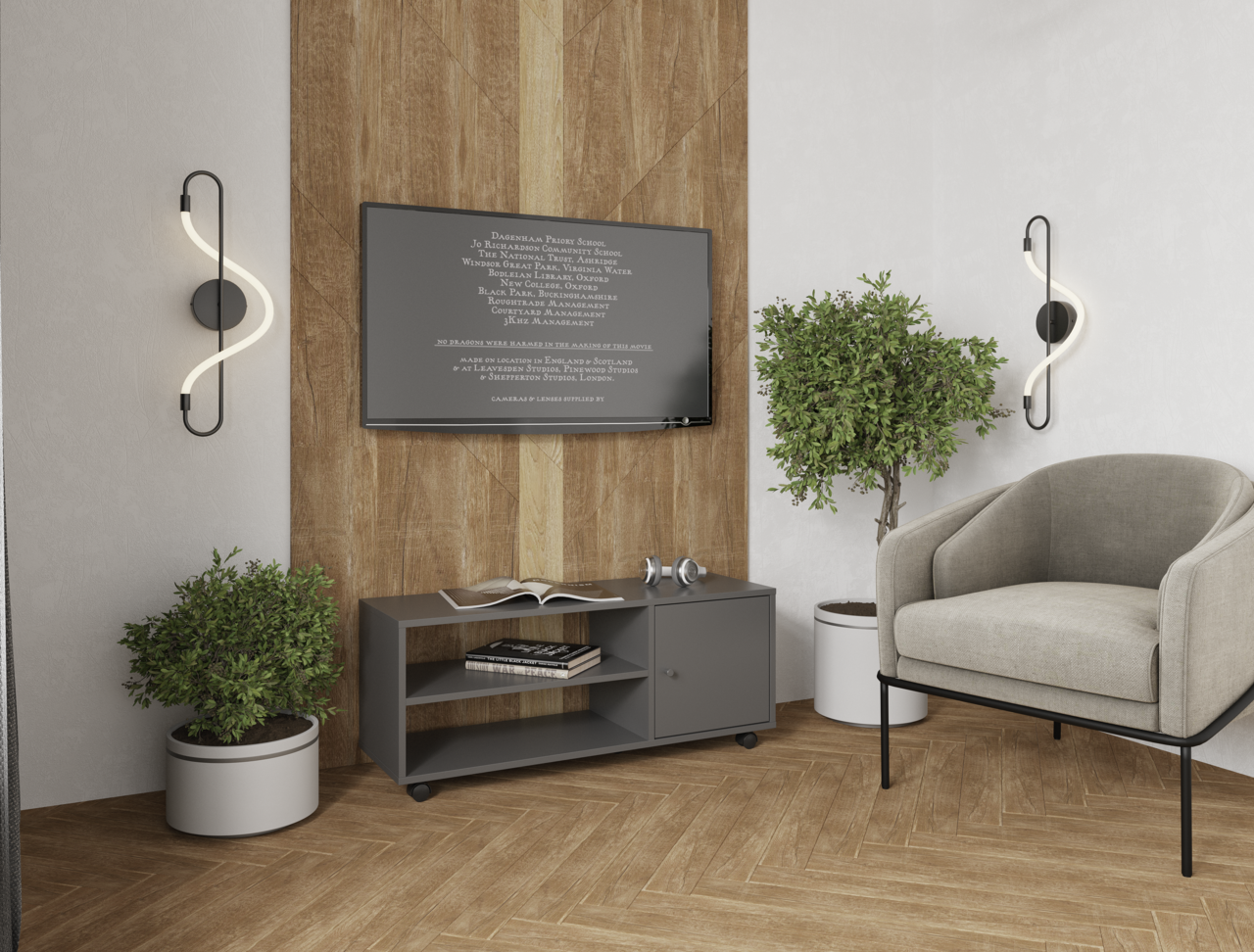 Moderner TV-Rollwagen in einem stilvollen Wohnzimmer, frontal betrachtet, mit einem Fernseher darüber und dekorativen Pflanzen an den Seiten.