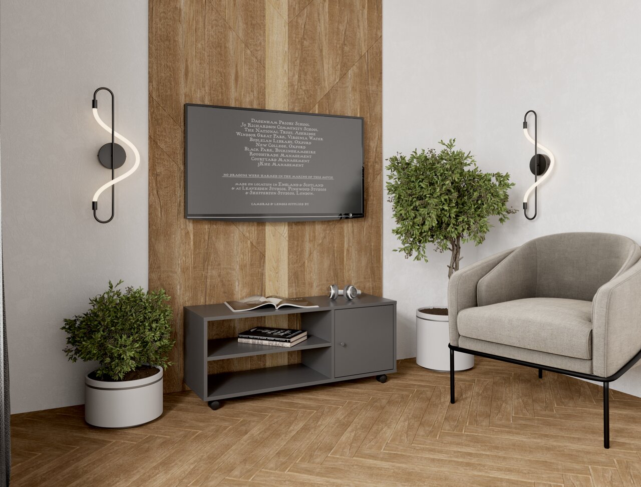 Moderner TV-Rollwagen in einem stilvollen Wohnzimmer, frontal betrachtet, mit einem Fernseher darüber und dekorativen Pflanzen an den Seiten.