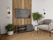 Moderner TV-Rollwagen in einem stilvollen Wohnzimmer, frontal betrachtet, mit einem Fernseher darüber und dekorativen Pflanzen an den Seiten.