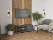 Moderner TV-Rollwagen in einem stilvollen Wohnzimmer, frontal betrachtet, mit einem Fernseher darüber und dekorativen Pflanzen an den Seiten.