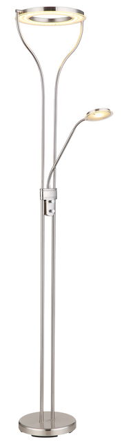 Moderner Deckenfluter aus Metall mit zwei Lichtquellen, frontal abgebildet.