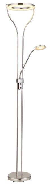 Moderner Deckenfluter aus Metall mit zwei Lichtquellen, frontal abgebildet.
