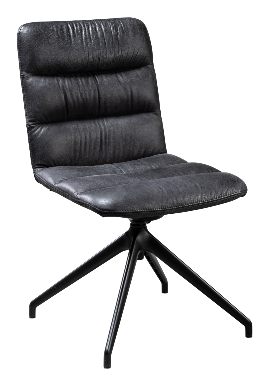 Moderner schwarzer Stuhl mit gepolsterter Sitzfläche und Rückenlehne, auf einem stabilen vierbeinigen Metallgestell, seitliche Perspektive