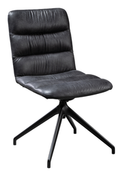 Moderner schwarzer Stuhl mit gepolsterter Sitzfläche und Rückenlehne, auf einem stabilen vierbeinigen Metallgestell, seitliche Perspektive