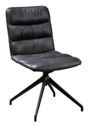 Moderner schwarzer Stuhl mit gepolsterter Sitzfläche und Rückenlehne, auf einem stabilen vierbeinigen Metallgestell, seitliche Perspektive