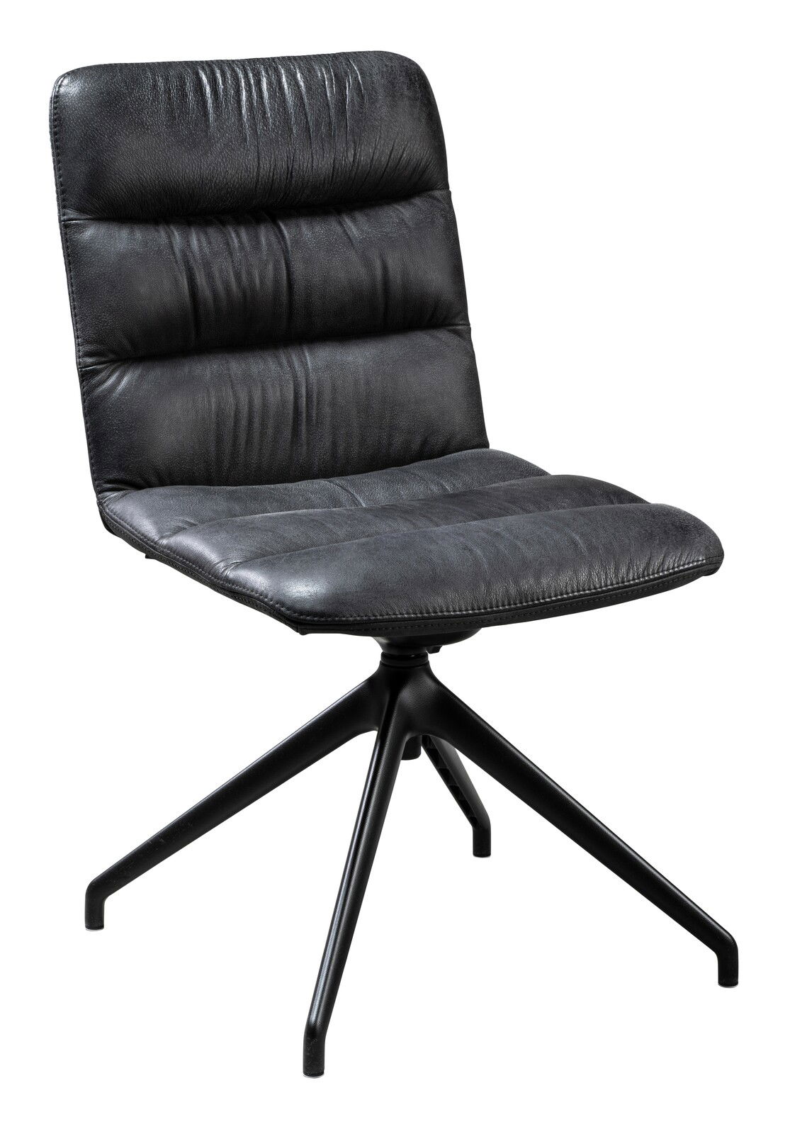 Moderner schwarzer Stuhl mit gepolsterter Sitzfläche und Rückenlehne, auf einem stabilen vierbeinigen Metallgestell, seitliche Perspektive