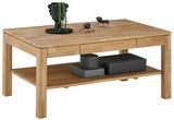 Moderner Couchtisch aus Holz mit Dekorationen und Aufbewahrungsboxen, seitliche Perspektive