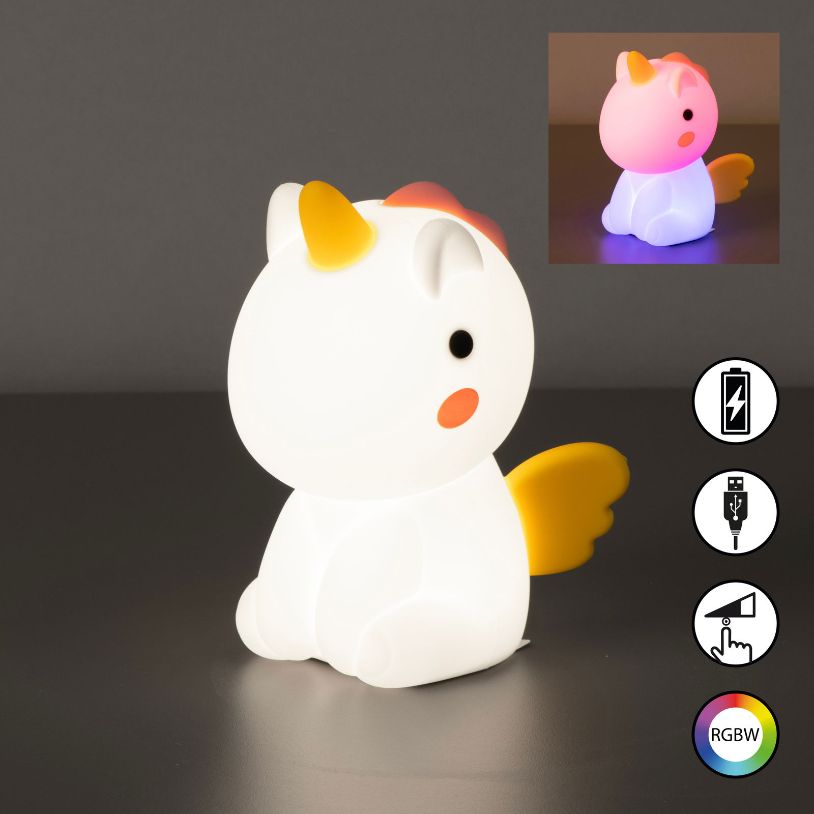 Akku-Nachtleuchte in Form eines sitzenden Einhorns mit gelbem Horn und Flügeln, leuchtet in verschiedenen Farben. Seitliche Perspektive.