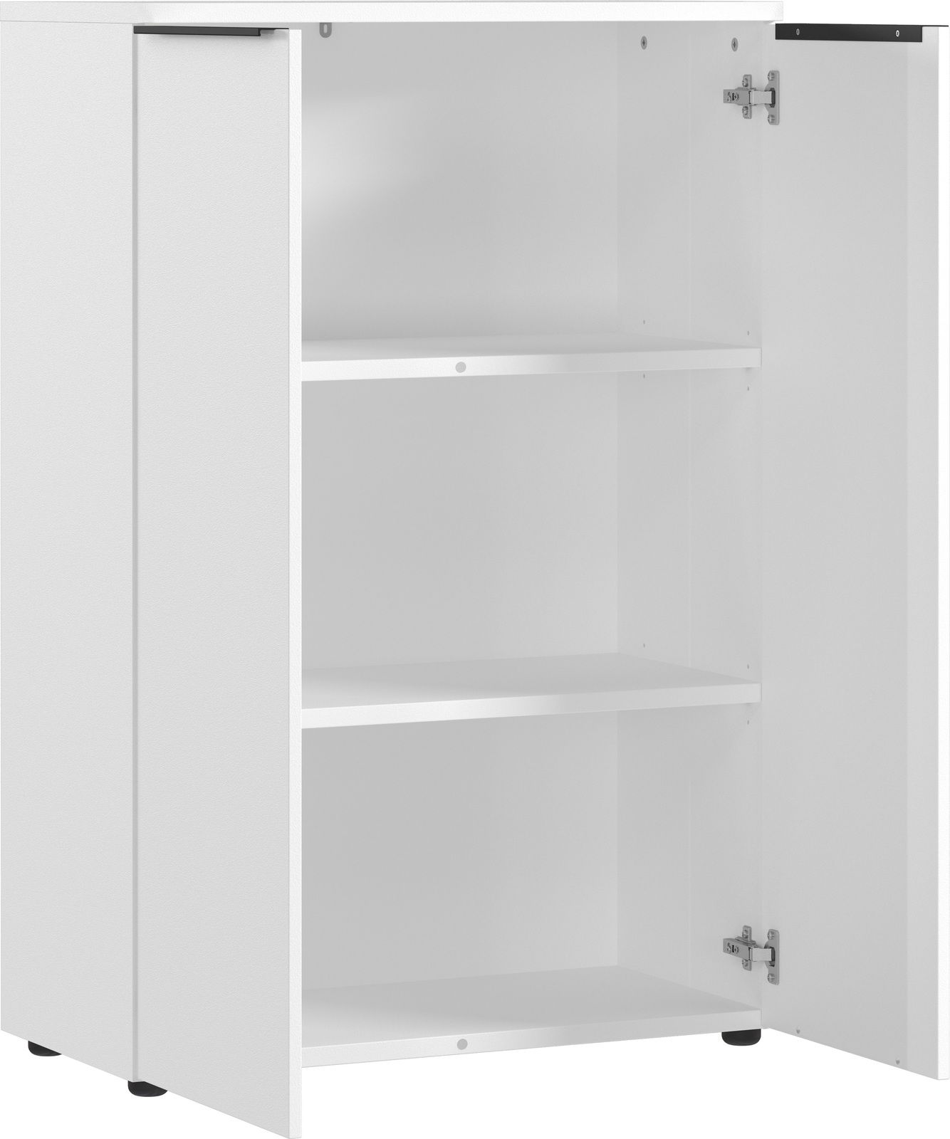 Weißer Aktenschrank mit zwei offenen Türen, drei Regalböden und seitlicher Perspektive