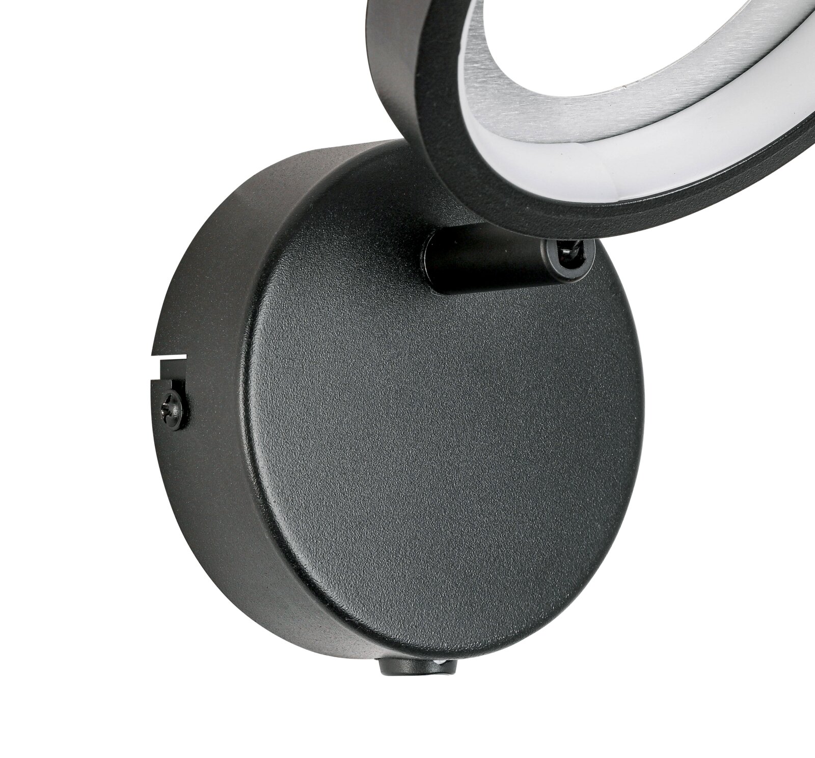 Nahaufnahme eines schwarzen LED-Strahlers mit rundem Gehäuse und verstellbarem Leuchtkopf, seitliche Perspektive