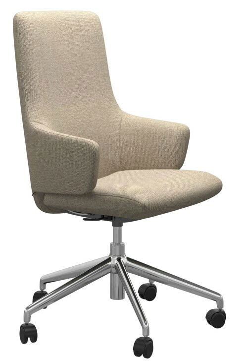 Moderner Home Office Sessel mit beigem Stoffbezug und verstellbarem Metallfuß, seitliche Perspektive
