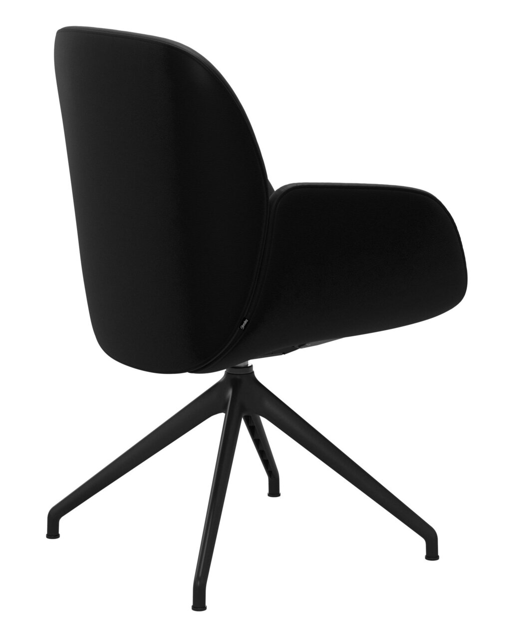 Zwarte fauteuil met een modern ontwerp, gezien van achteren, op een metalen onderstel met vier poten.