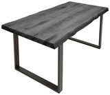 Tischplatte aus dunklem Holz mit natürlicher Kante, rechteckig, auf Metallgestell, Perspektive von schräg oben