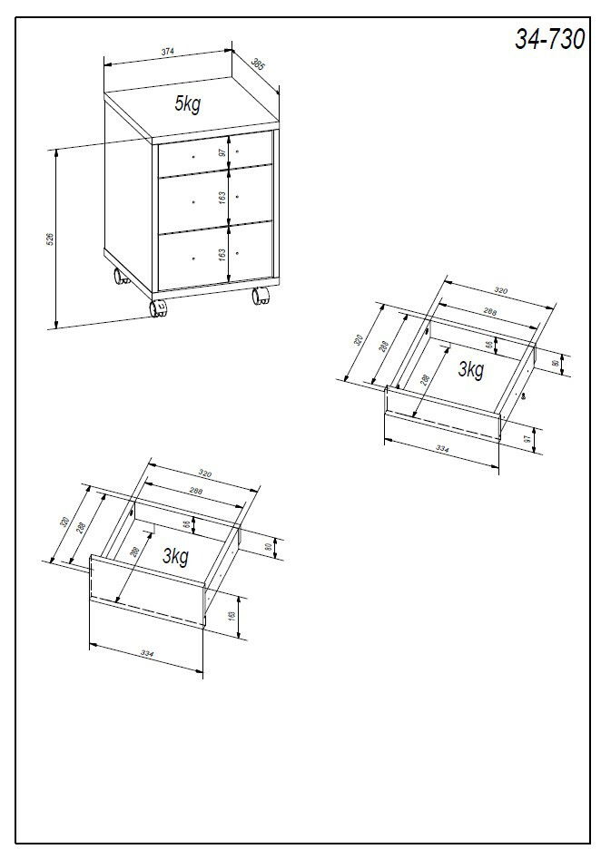 Technische Zeichnung eines Rollcontainers mit drei Schubladen, auf Rollen, mit Gewichtsangaben und Maßen in der Seitenansicht.