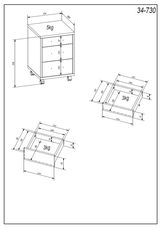 Technische Zeichnung eines Rollcontainers mit drei Schubladen, auf Rollen, mit Gewichtsangaben und Maßen in der Seitenansicht.