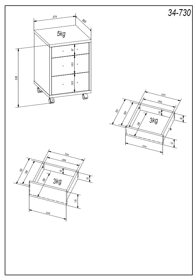 Technische Zeichnung eines Rollcontainers mit drei Schubladen, auf Rollen, mit Gewichtsangaben und Maßen in der Seitenansicht.