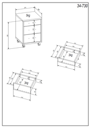 Technische Zeichnung eines Rollcontainers mit drei Schubladen, auf Rollen, mit Gewichtsangaben und Maßen in der Seitenansicht.