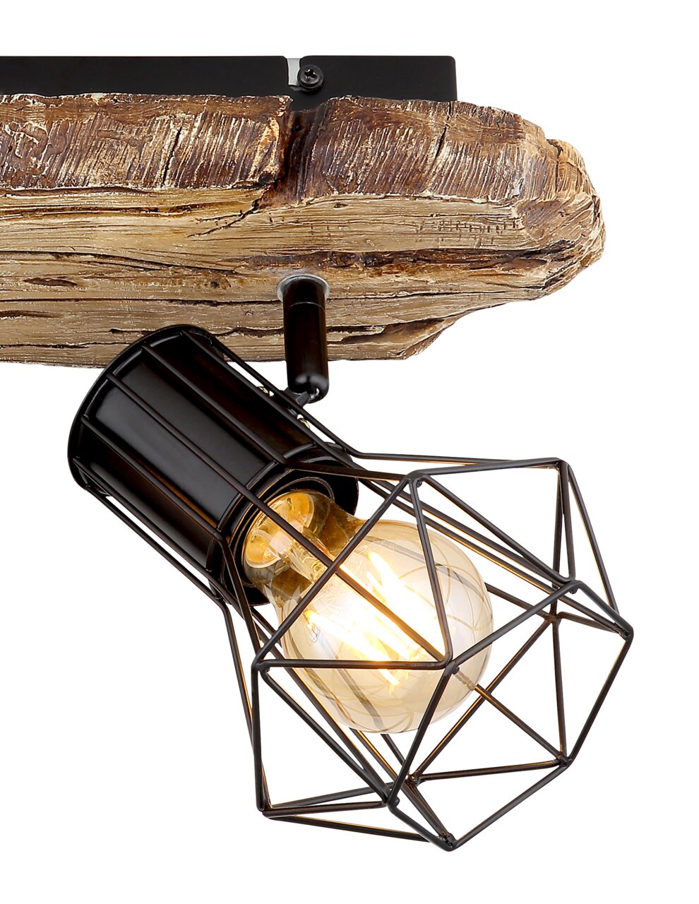 Moderner Strahler mit geometrischem Drahtgitter-Design und rustikaler Holzhalterung, seitliche Perspektive