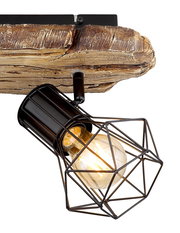 Moderner Strahler mit geometrischem Drahtgitter-Design und rustikaler Holzhalterung, seitliche Perspektive