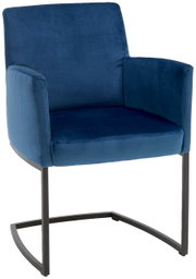 Blauwe zweefstoel met metalen frame, vooraanzicht
