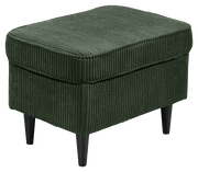 Grüner Hocker mit geripptem Stoffbezug und schwarzen Beinen, seitliche Perspektive