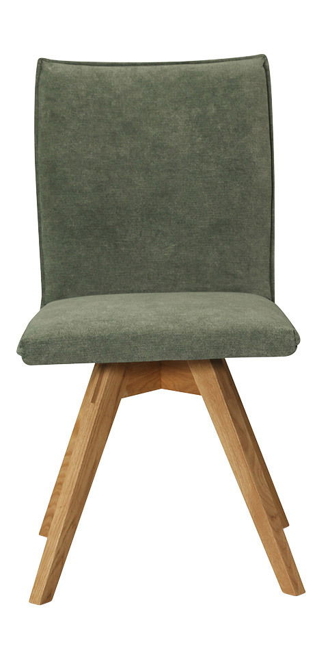 Moderner Stuhl mit grünem Stoffbezug und Holzbeinen, Frontalansicht