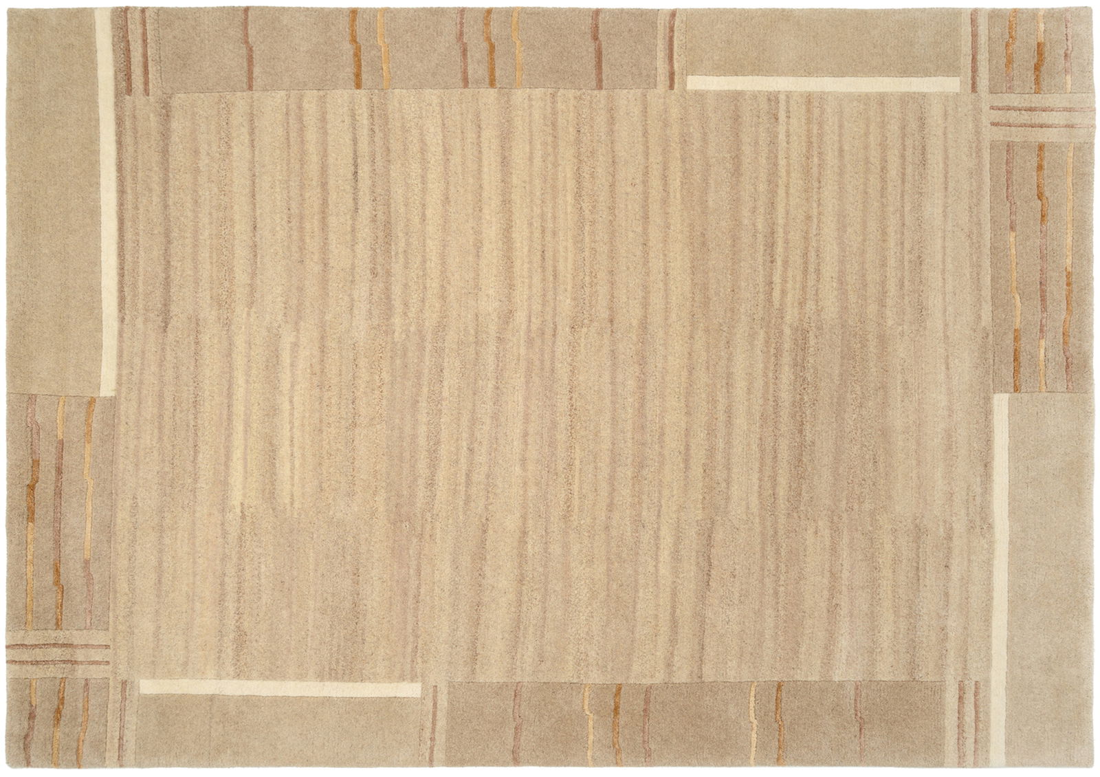 Beiger Wollteppich mit dezenten Streifen und geometrischen Mustern, Draufsicht