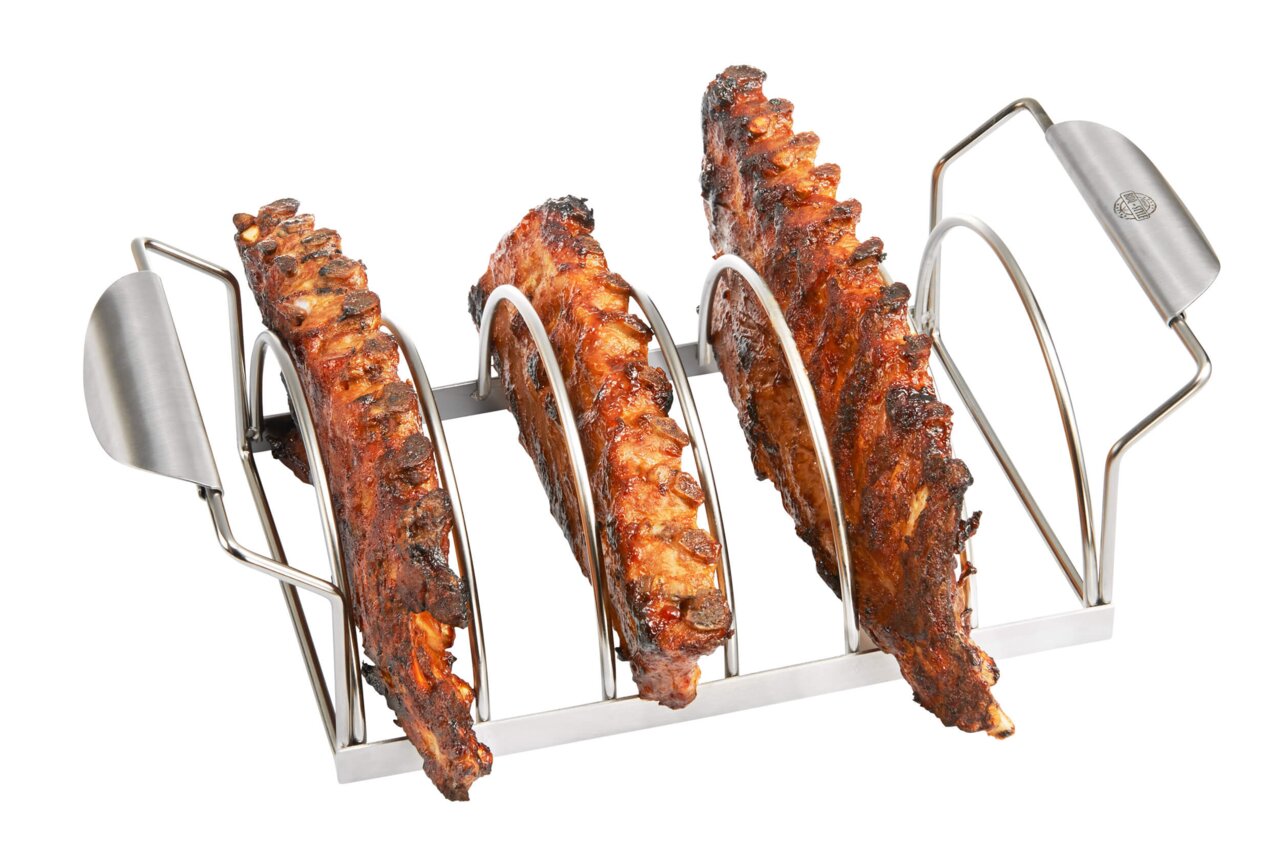 Roestvrijstalen spare rib-houder met drie ribbetjes, zijaanzicht