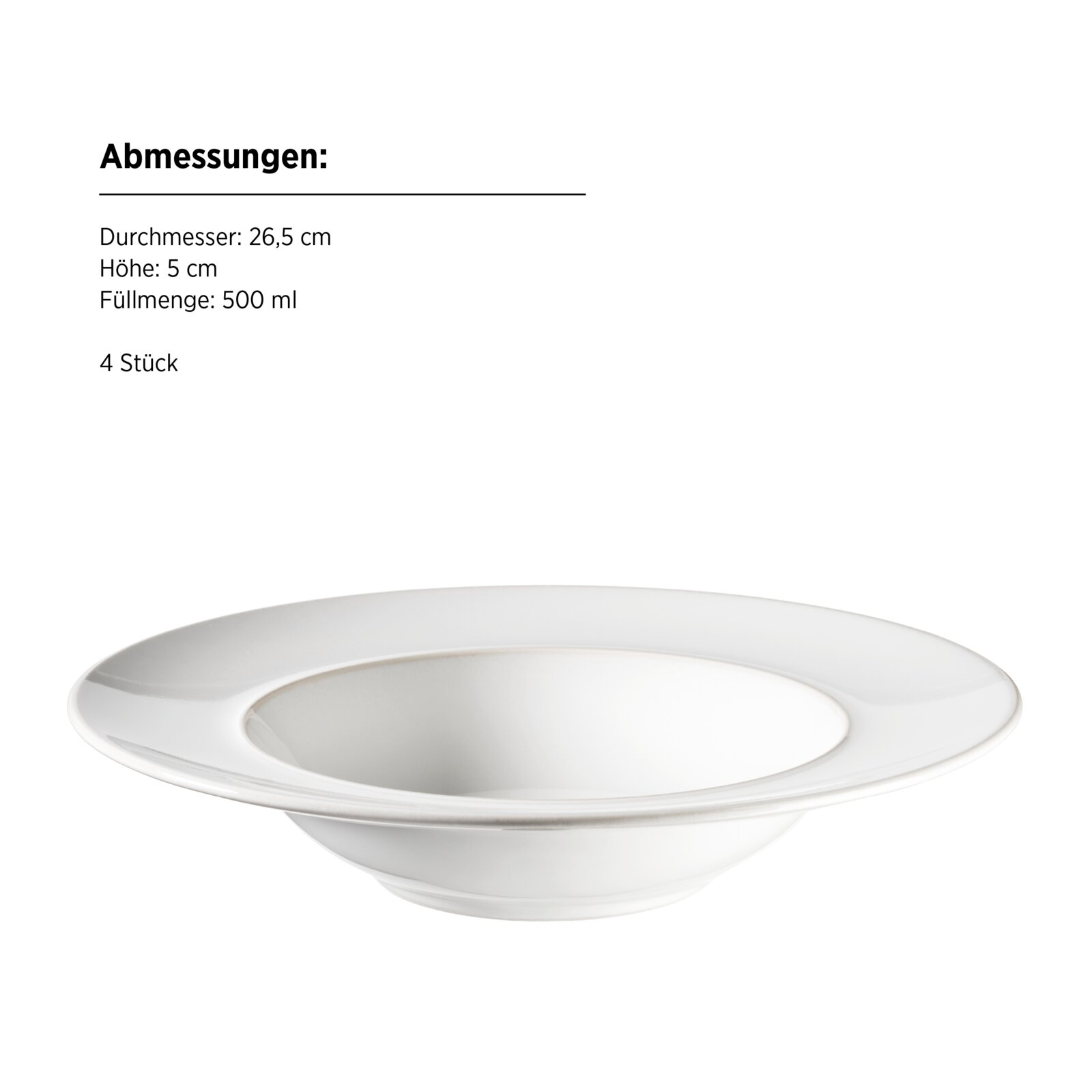Weiße Suppenschale mit breitem Rand, 500 ml, Durchmesser 26,5 cm und Höhe 5 cm, in leicht schräger Seitenansicht vor weißem Hintergrund