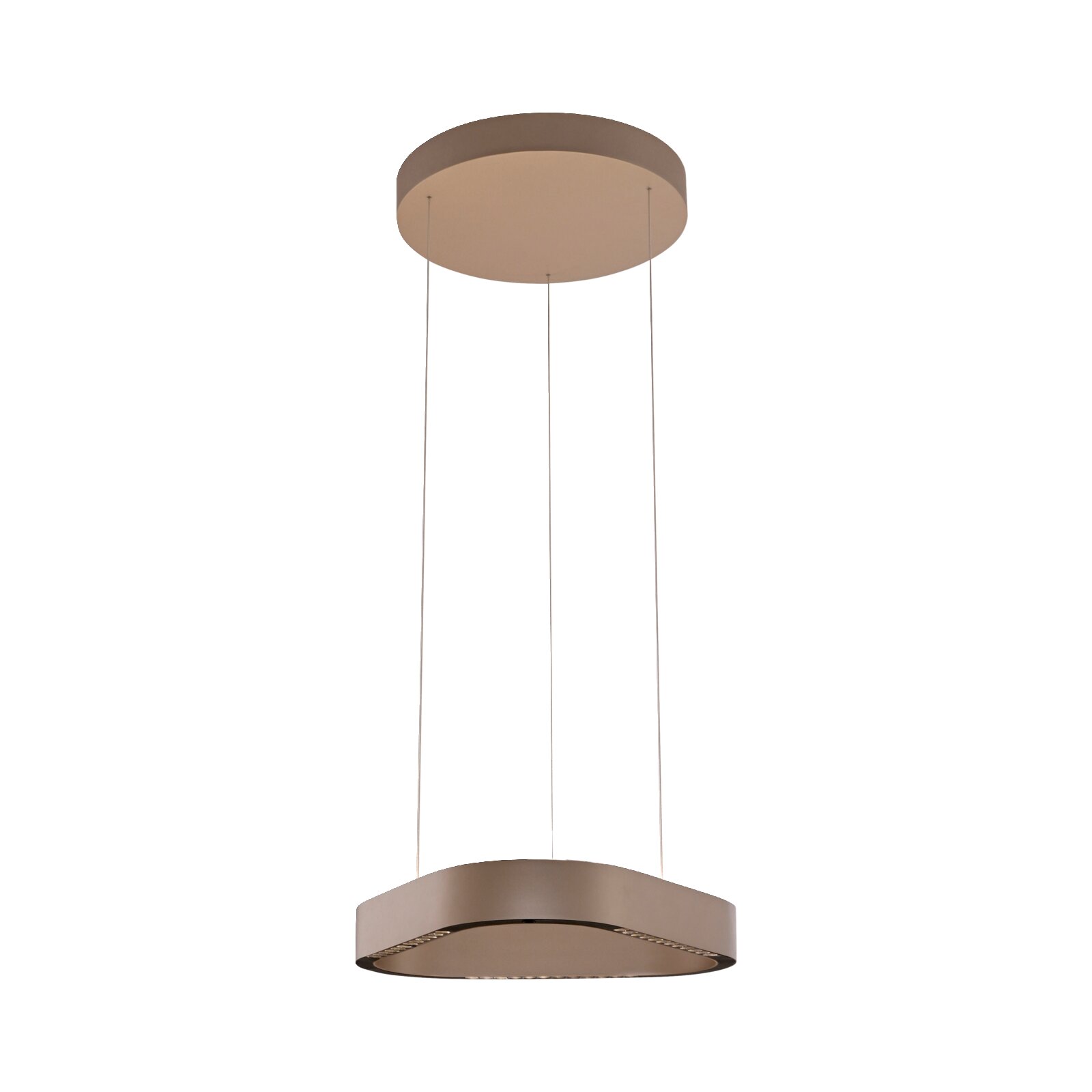Moderne runde LED-Pendelleuchte in Bronze-/Kupferton mit Baldachin und drei Abhängeseilen, freigestellt auf Weiß, Ansicht leicht von unten