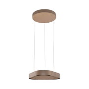 Moderne runde LED-Pendelleuchte in Bronze-/Kupferton mit Baldachin und drei Abhängeseilen, freigestellt auf Weiß, Ansicht leicht von unten