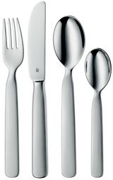 Kinderbesteck-Set aus Edelstahl, bestehend aus Gabel, Messer, großem und kleinem Löffel, frontal abgebildet.