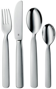 Kinderbesteck-Set aus Edelstahl, bestehend aus Gabel, Messer, großem und kleinem Löffel, frontal abgebildet.