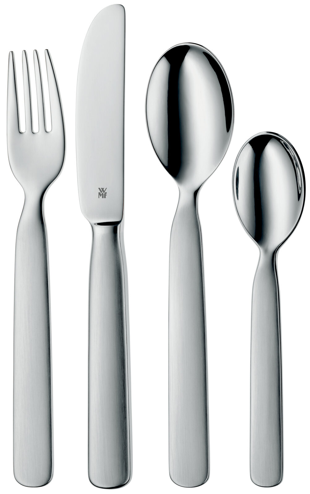 Kinderbesteck-Set aus Edelstahl, bestehend aus Gabel, Messer, großem und kleinem Löffel, frontal abgebildet.