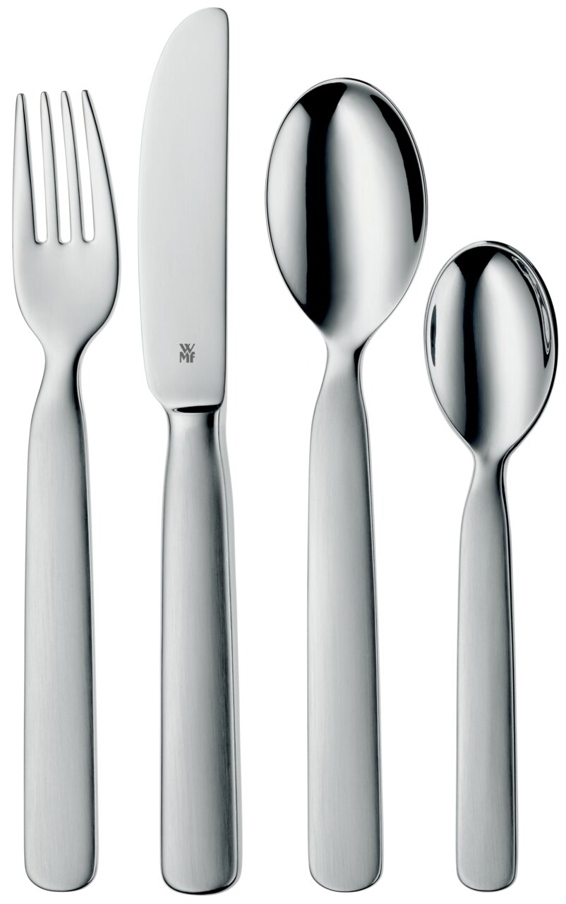 WMF Kinderbesteck 4-tlg. Kinderbesteck-Set aus Edelstahl, bestehend aus Gabel, Messer, großem und kleinem Löffel, frontal abgebildet.
