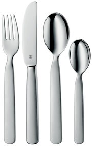 Kinderbesteck-Set aus Edelstahl, bestehend aus Gabel, Messer, großem und kleinem Löffel, frontal abgebildet.