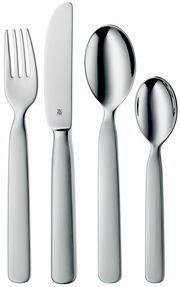 Kinderbesteck-Set aus Edelstahl, bestehend aus Gabel, Messer, großem und kleinem Löffel, frontal abgebildet.