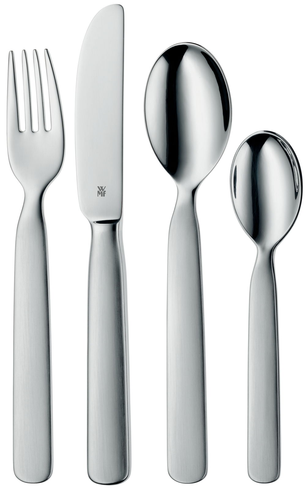 Kinderbesteck-Set aus Edelstahl, bestehend aus Gabel, Messer, großem und kleinem Löffel, frontal abgebildet.